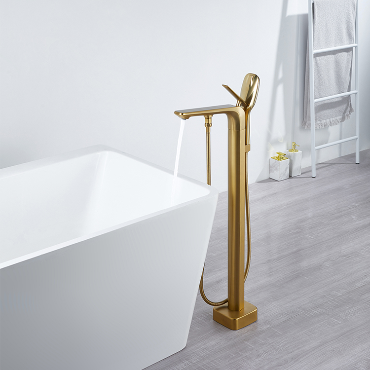 Brushed Gold Freestanding Bathtub Faucet Brass Floor Stand Tub Filler Bathtub Shower Mixer