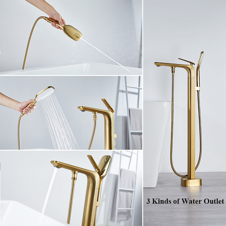 Brushed Gold Freestanding Bathtub Faucet Brass Floor Stand Tub Filler