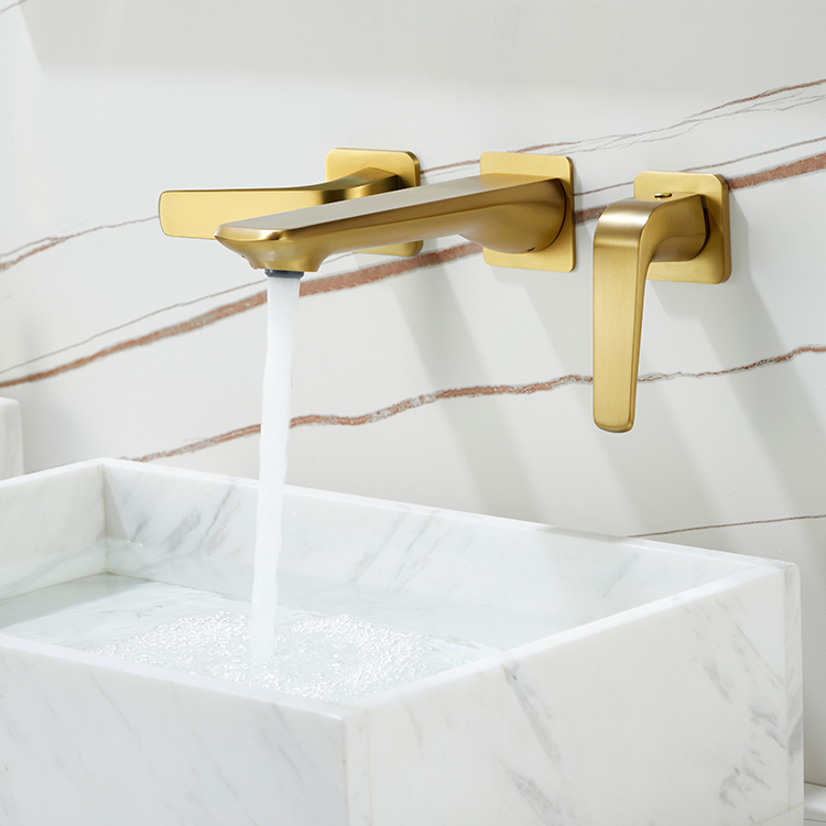 Dual Handle In-wall Mounted Bathroom Basin Faucet Modern Brushed Gold Brass Wash Mixer Tap
